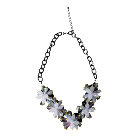 Statement Floral Necklace – Black & Crystal Beaded Flowers Metal Chain - Picture 1 of 5